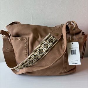 Stylish Tan Shoulder Bag with Embroidered Strap